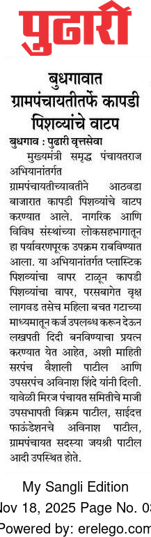 बुधगावात ग्रामपंचायतीतर्फे कापडी पिशव्यांचे वाटप